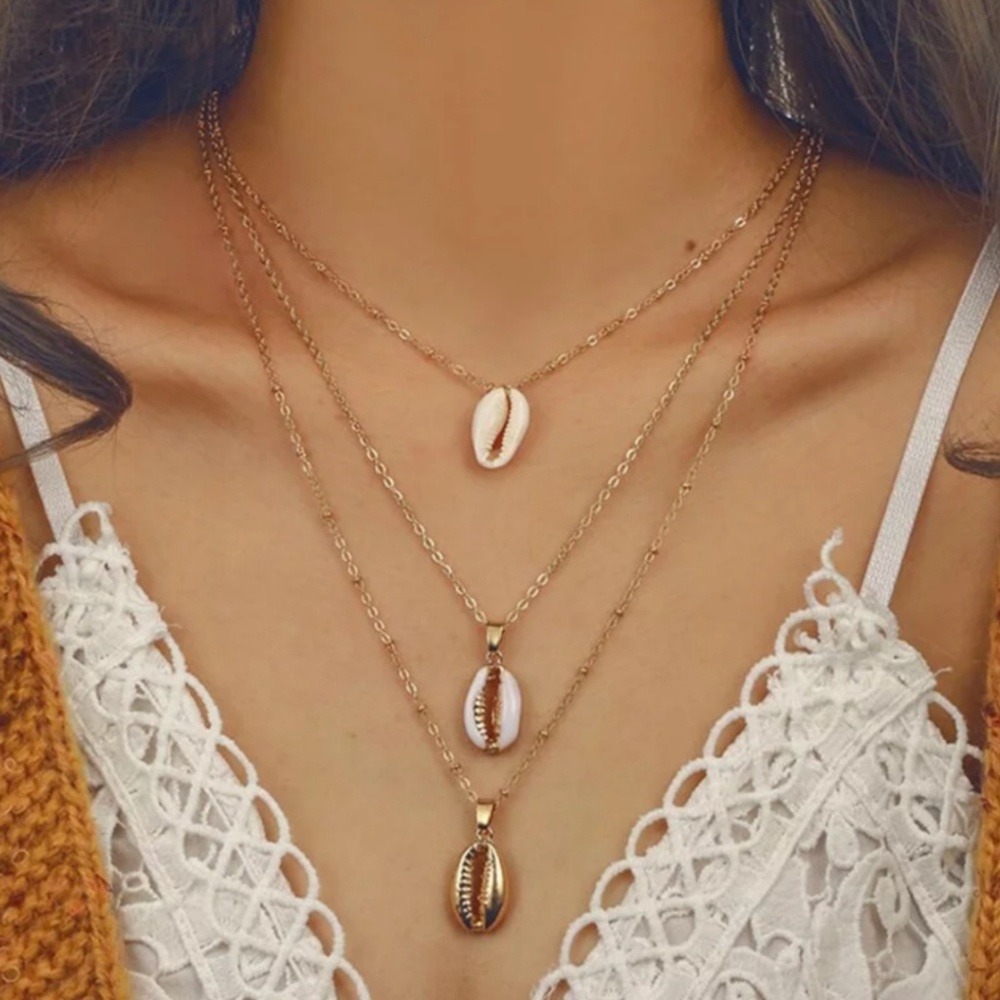 Gold Conch Cowrie Seashell Layer Necklace